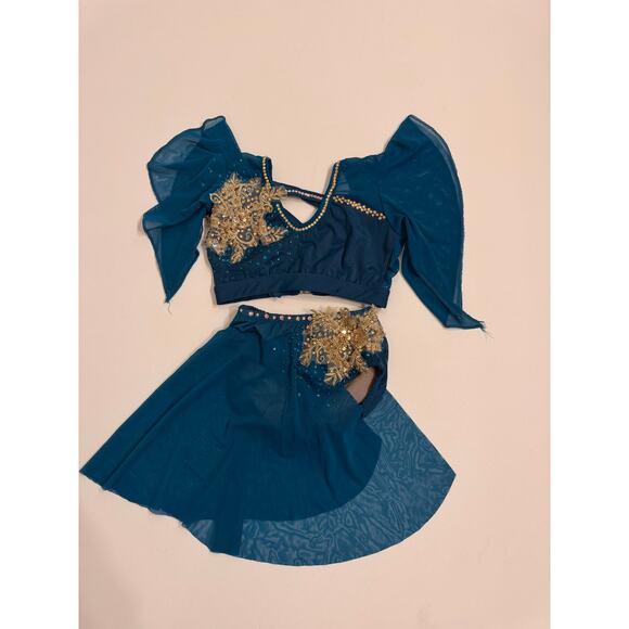 Design Worx Semi-Custom Girls Lyrical 2 Pc Costume Blue Gold Stones Added YL - Picture 1 of 11